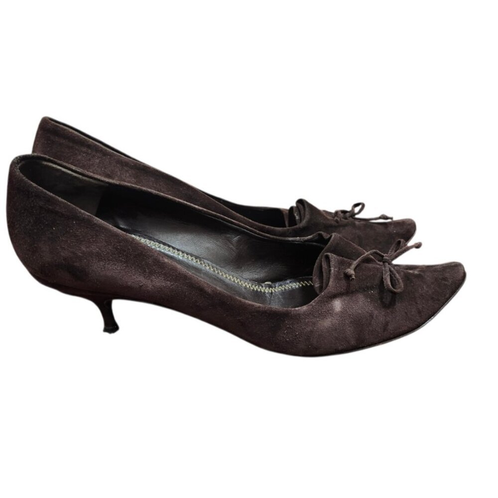 Fendi Brown Suede Pointed Toe Kitten Heel Pumps Bow Detail EU 40 US 9 Italy - Picture 4 of 11